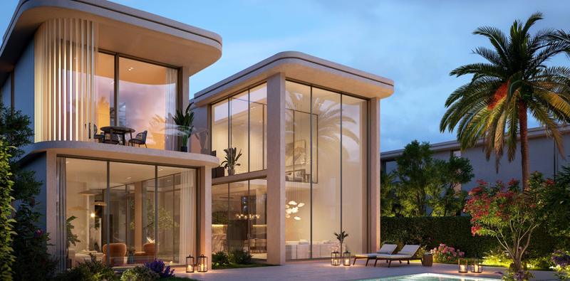 5-bedroom villa at dusk with private garden